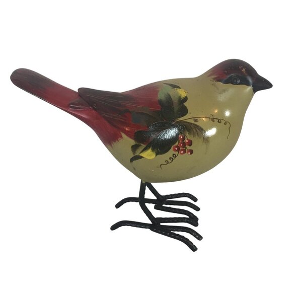 Handcrafted Wooden Bird Figurine Painted Floral Design 8X6 Iron Feet - Picture 1 of 9